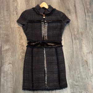 Tory Burch Tweed Brown Dress Size 4 with black fringe and velvet accents